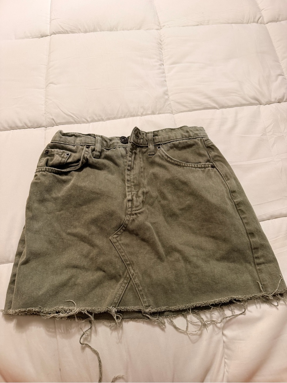 Olive Green Denim Mini Skirt - Casual Frayed Hem
